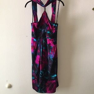 Watercolor printed halter neck silk cocktail dress